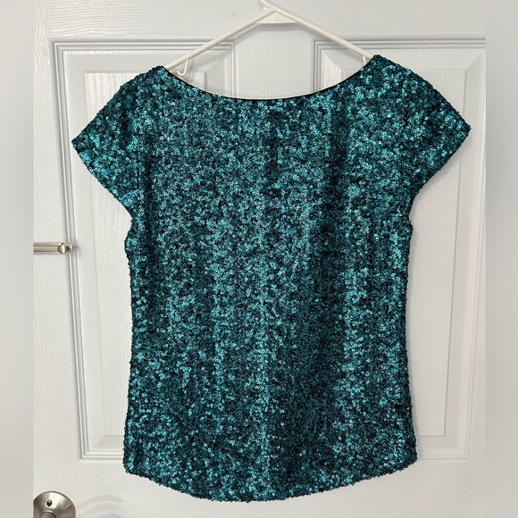 Alice + Olivia Teal Blue Sequined Short Sleeve Top Size XS - Picture 2 of 5